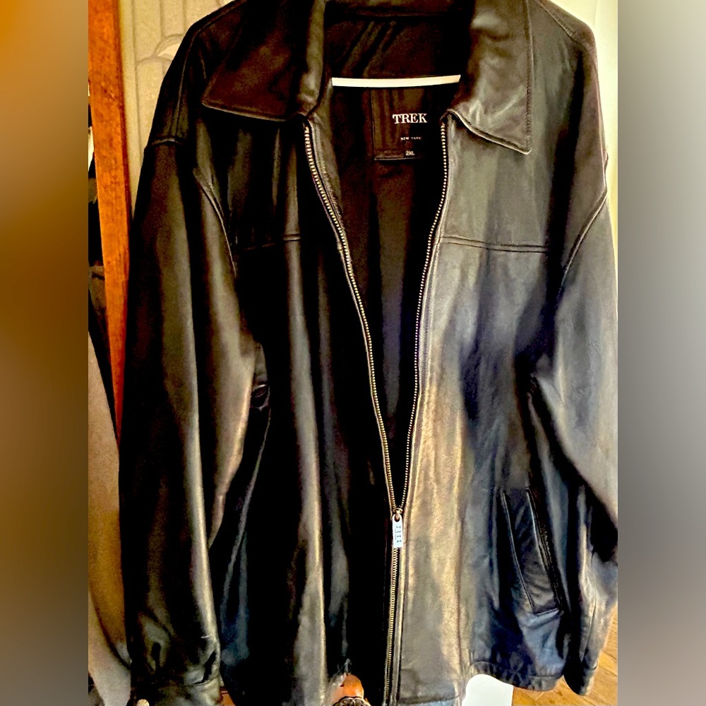 Vintage Trek Men's Big Black Genuine Soft
Leather Jacket Coat Size 2XL